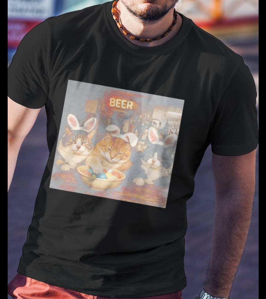 Beer Cat Trio Bunny Ears With Easter Eggs T-Shirt