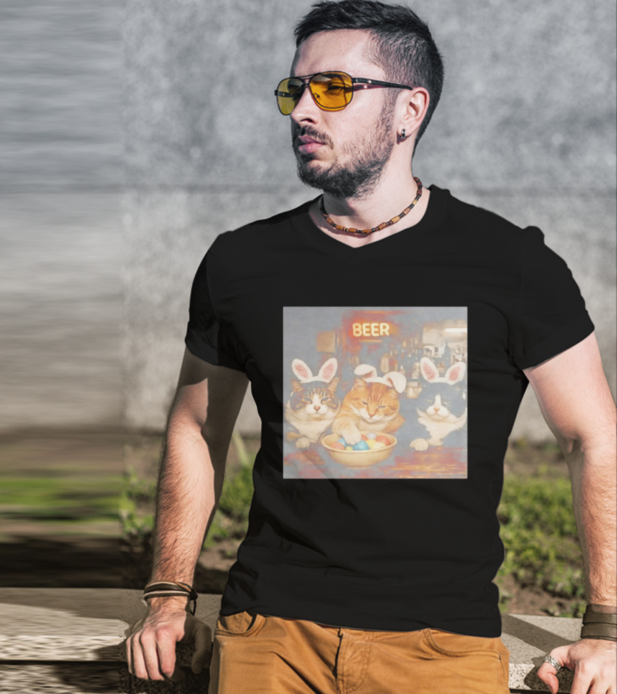 Beer Cat Trio Bunny Ears With Easter Eggs T-Shirt