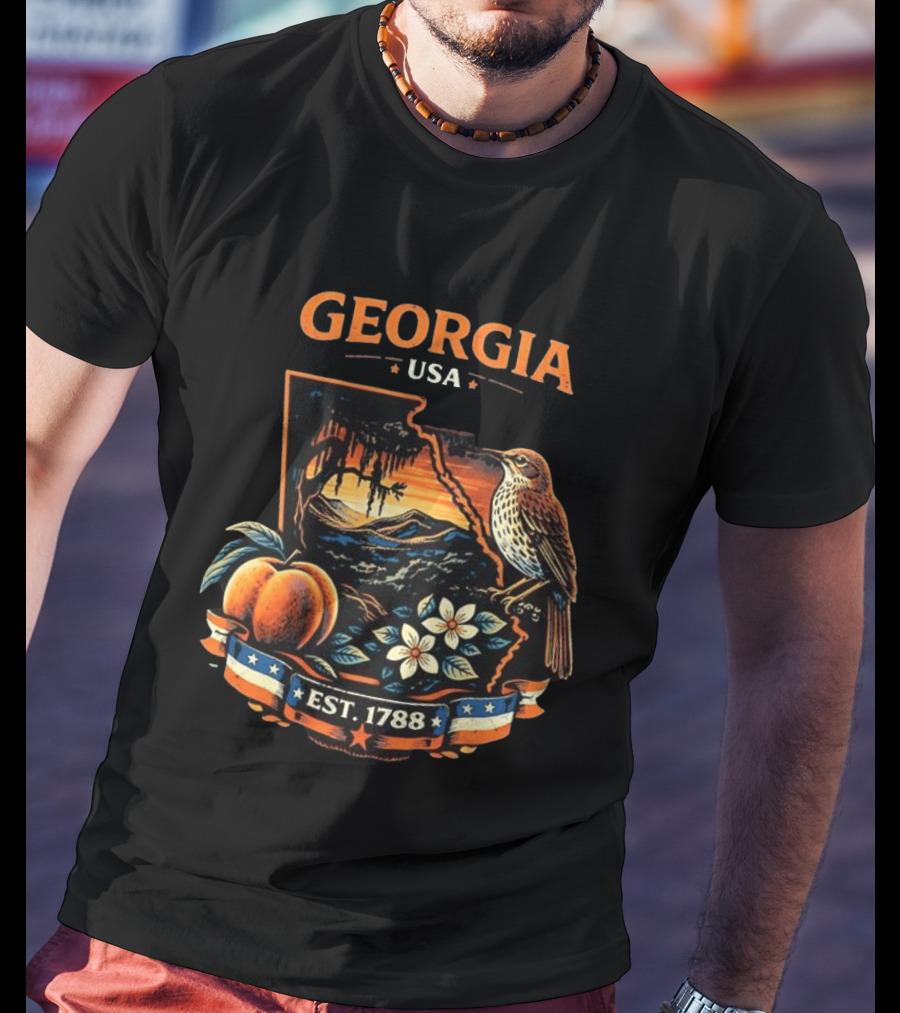 Georgia USA Established 1788 Peach Bird Landscape T-Shirt