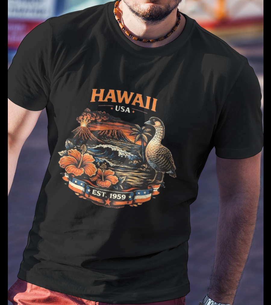 Hawaii USA Est 1959 Volcano Nene Bird Hibiscus T-Shirt