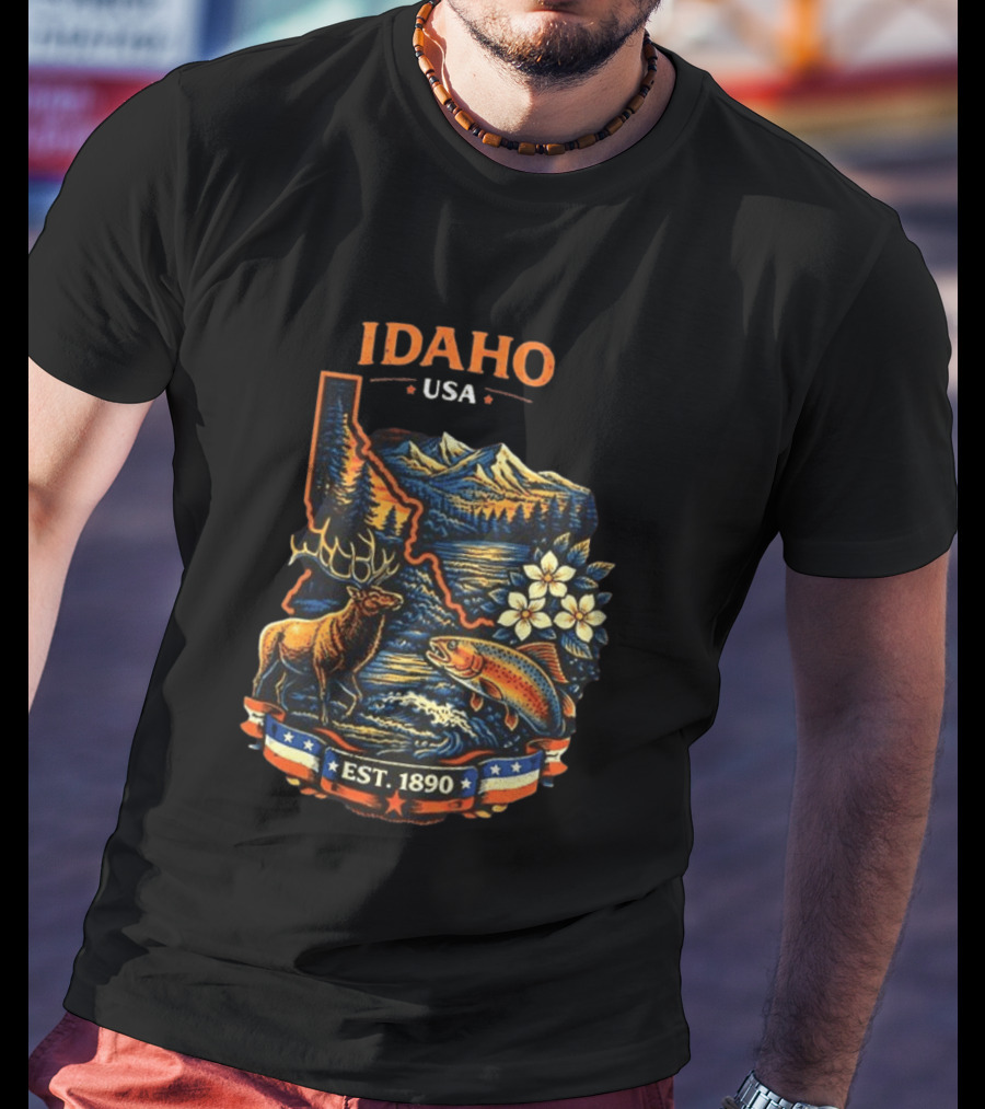 Idaho USA Est 1890 Wilderness Elk Trout Mountains T-Shirt