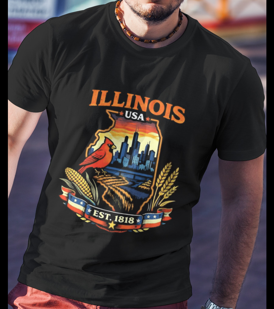 Illinois USA 1818 Cardinal Skyline Corn Wheat T-Shirt