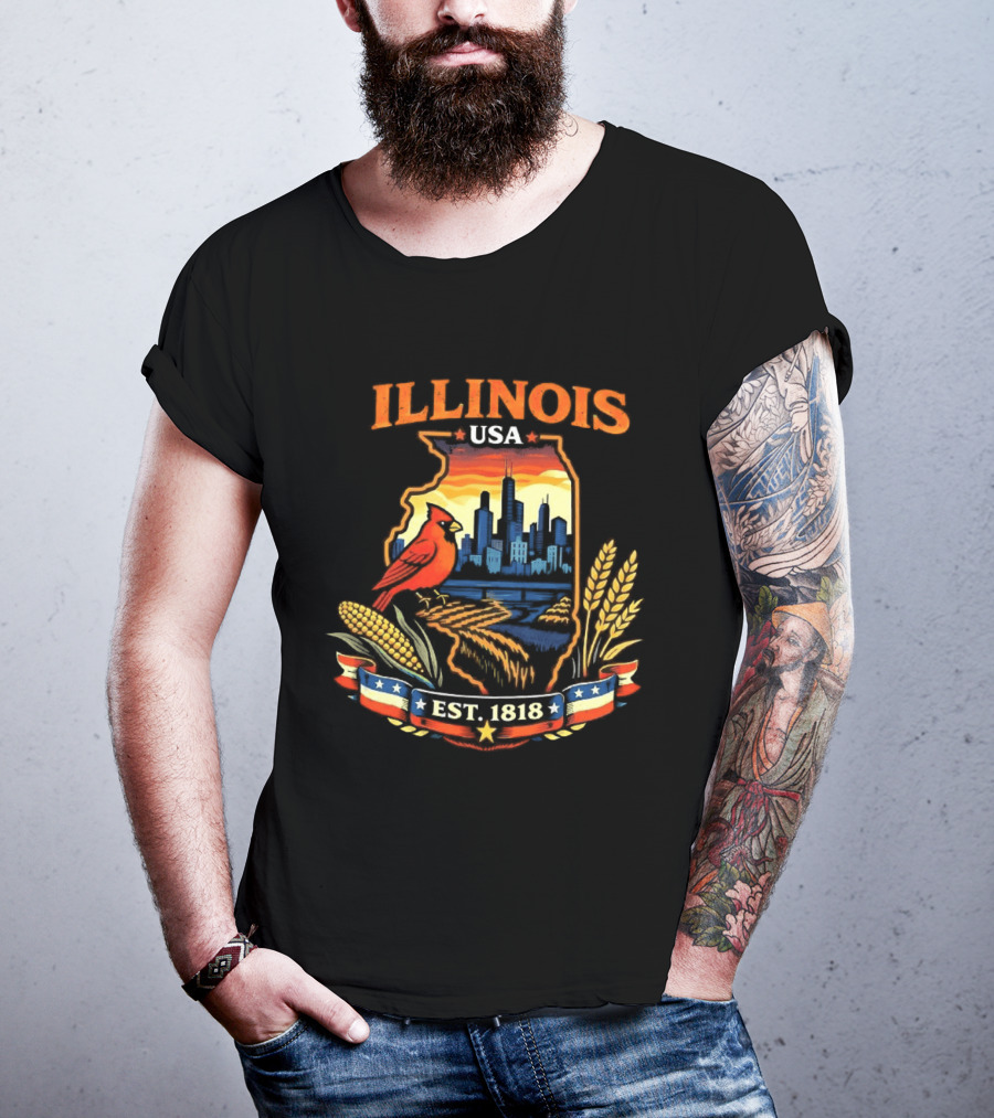 Illinois USA 1818 Cardinal Skyline Corn Wheat T-Shirt