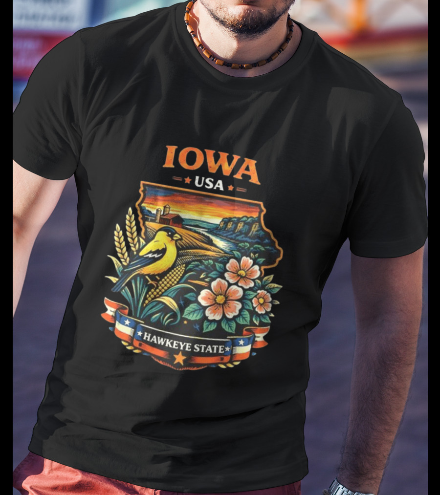 Iowa USA Hawkeye State Scenic Landscape With Bird And Flowers T-Shirt