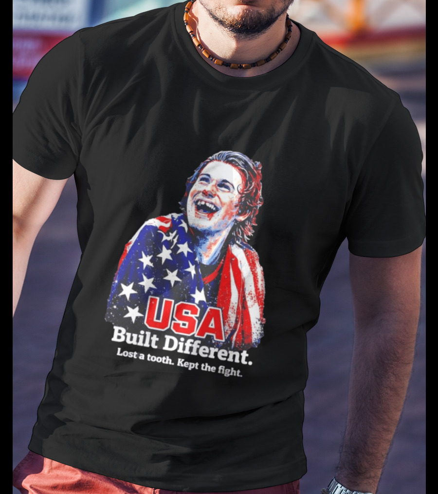 USA Gold Hockey Jack Hughes Built Different Lost A Tooth Kept The Fight T-Shirt