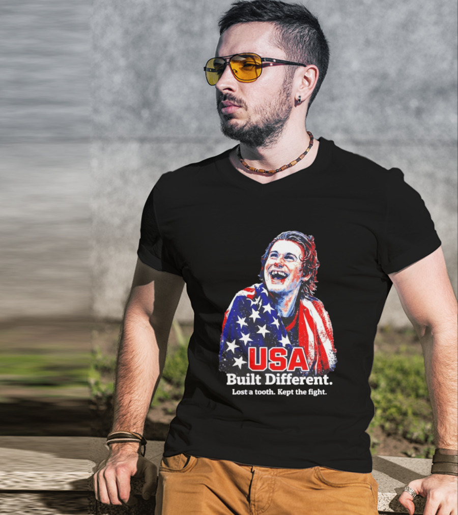 USA Gold Hockey Jack Hughes Built Different Lost A Tooth Kept The Fight T-Shirt