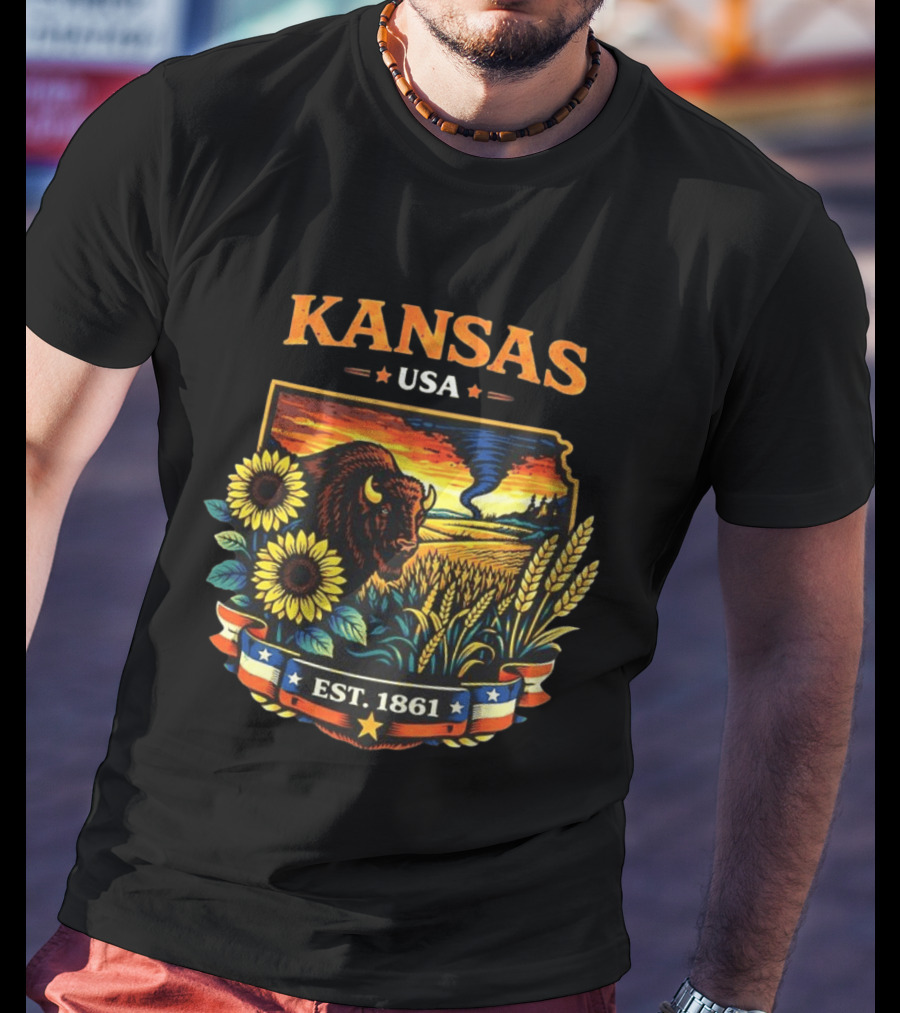 Kansas USA Buffalo Sunflowers Wheat Tornado Est 1861 T-Shirt