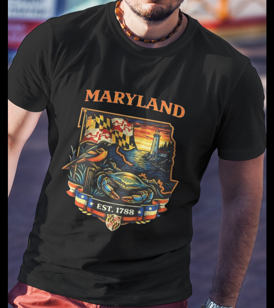 Maryland Est 1788 Crab Lighthouse Scene With Flag And Bird T-Shirt