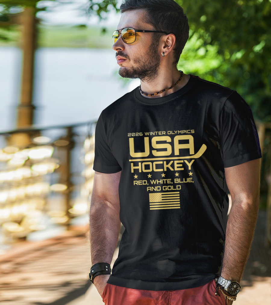 USA Hockey 2026 Winter Olympics Red White Blue Gold Flag T-Shirt