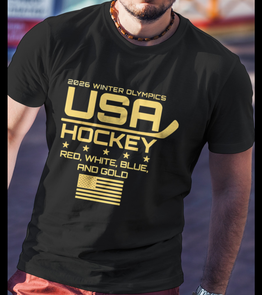 USA Hockey 2026 Winter Olympics Red White Blue Gold Flag T-Shirt