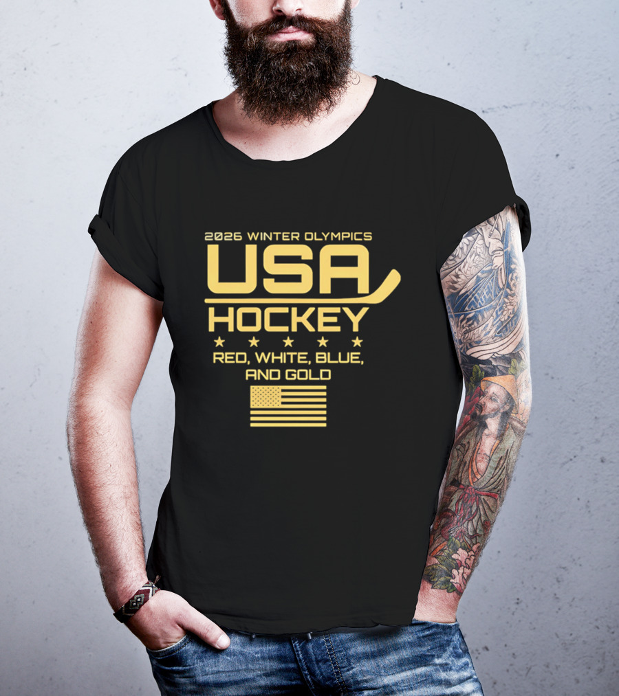 USA Hockey 2026 Winter Olympics Red White Blue Gold Flag T-Shirt