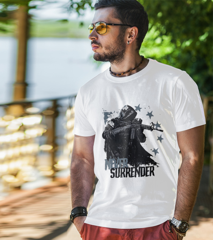 Never Surrender Reaper With Hooded Figure And Rifle T-Shirt