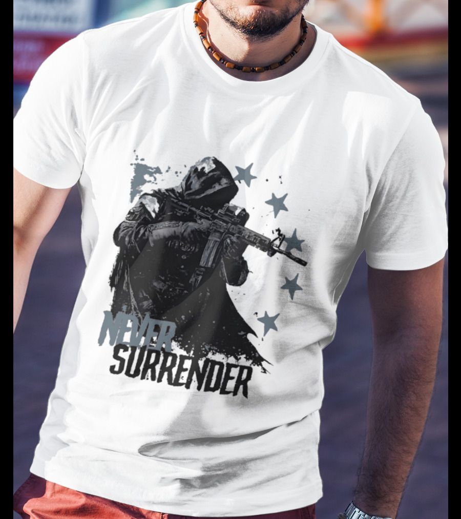 Never Surrender Reaper With Hooded Figure And Rifle T-Shirt