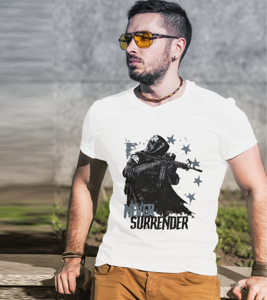 Never Surrender Reaper With Hooded Figure And Rifle T-Shirt
