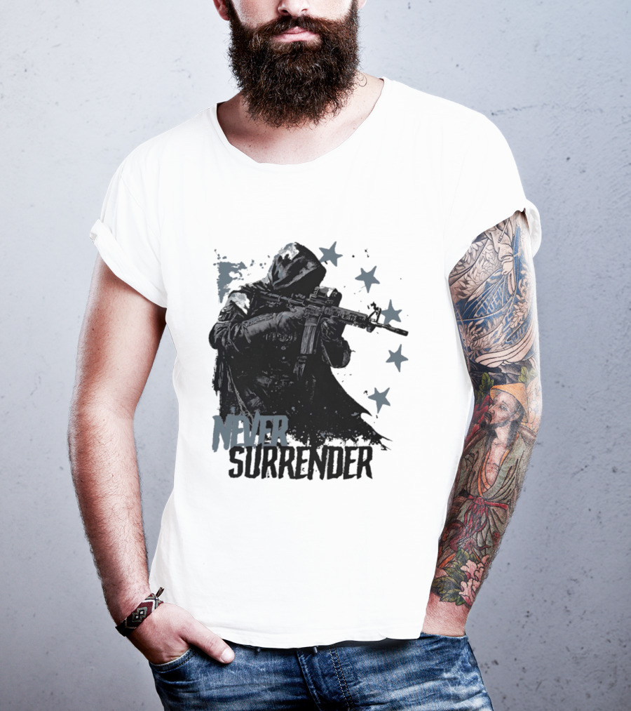 Never Surrender Reaper With Hooded Figure And Rifle T-Shirt