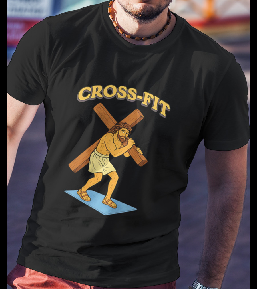 Cross Fit Jesus Cartoon Carrying Cross T-Shirt
