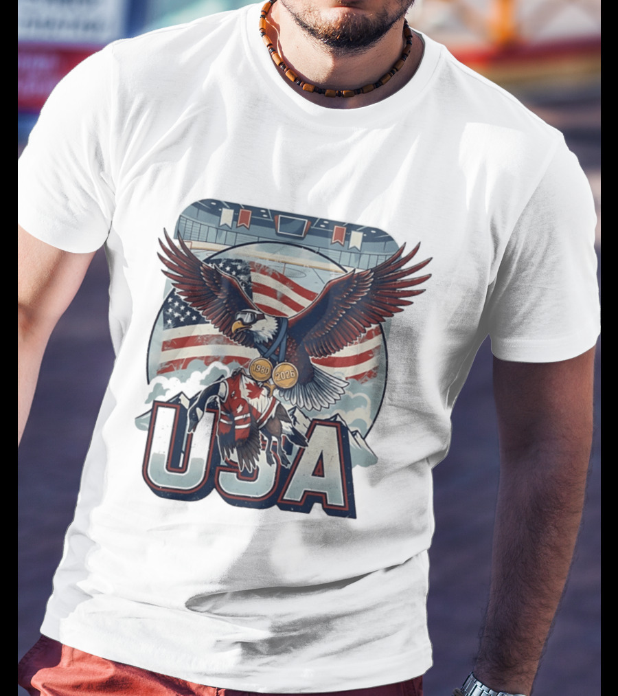 USA Hockey Eagle 1980 2026 American Flag Ice Rink T-Shirt