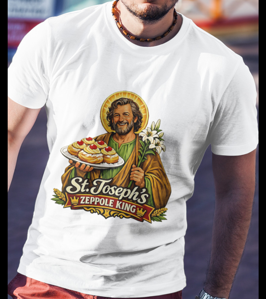St Joseph's Zeppole King Saint Holding Tray With Flowers T-Shirt