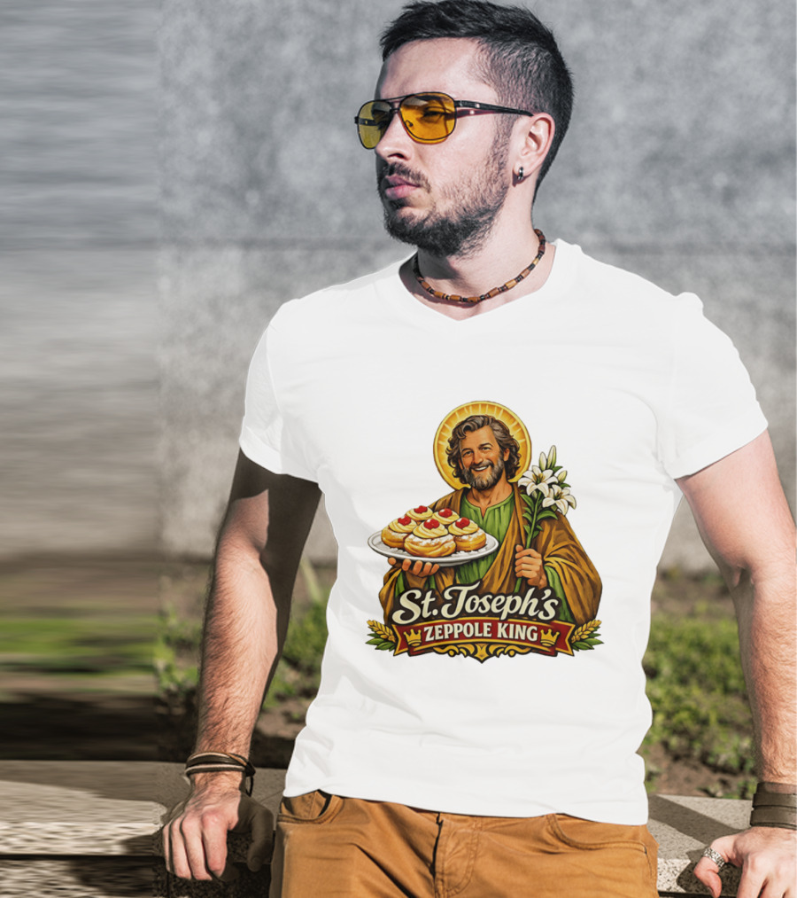 St Joseph's Zeppole King Saint Holding Tray With Flowers T-Shirt