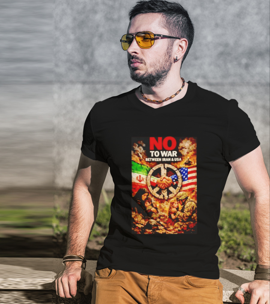 No War Between Iran USA Peace Sign Flag Handshake Unity T-Shirt