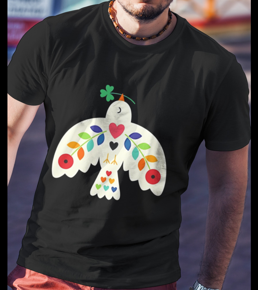 Luck Peace Love Dove With Shamrock And Colorful Hearts T-Shirt