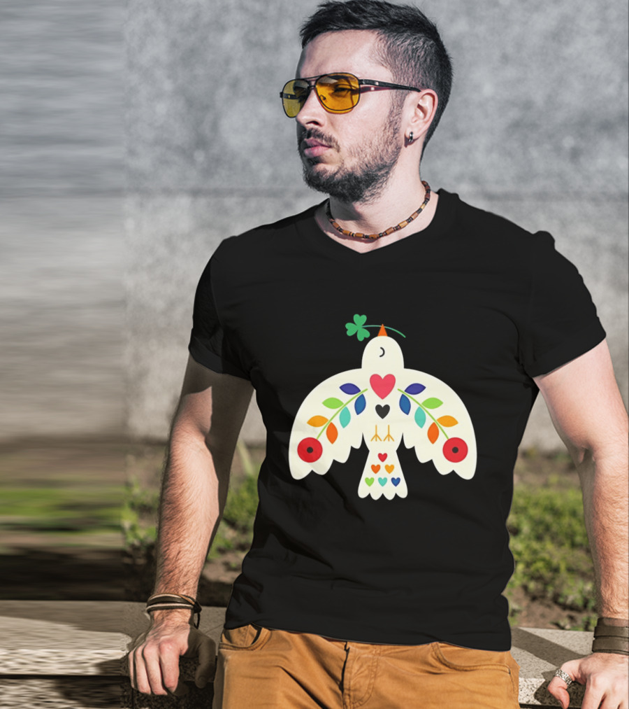 Luck Peace Love Dove With Shamrock And Colorful Hearts T-Shirt