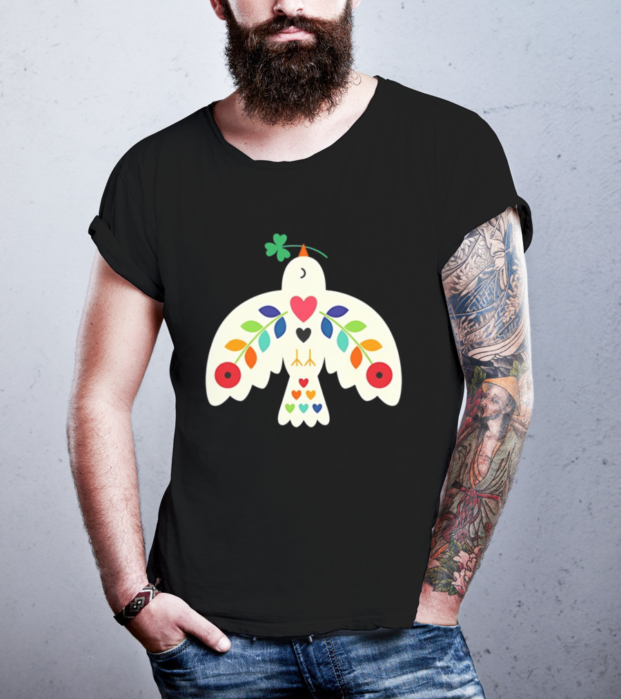 Luck Peace Love Dove With Shamrock And Colorful Hearts T-Shirt
