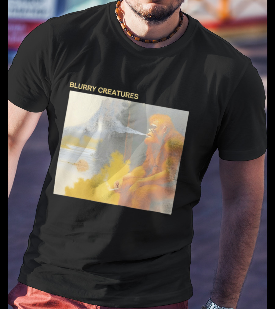 Bigfoot Blurry Creatures Smoking By Lake Mountain Scene T-Shirt