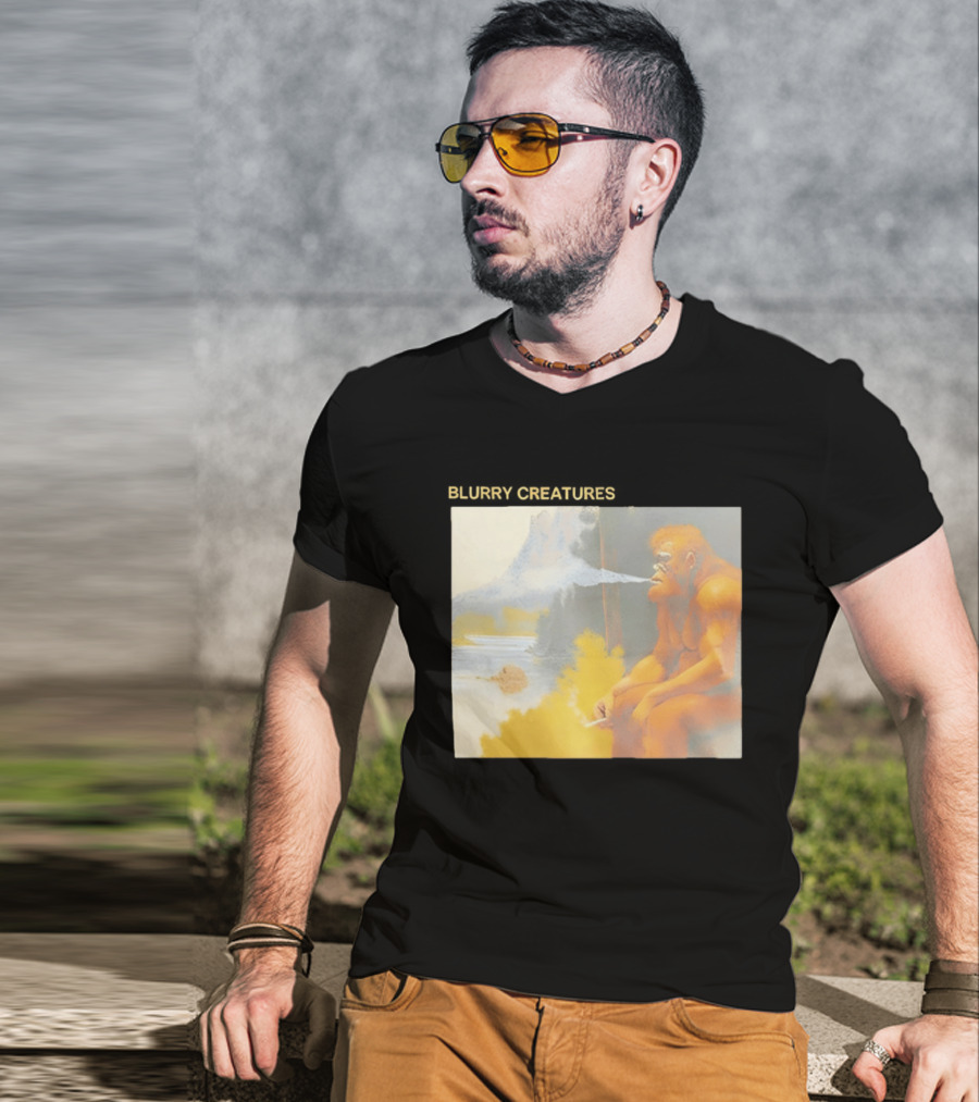 Bigfoot Blurry Creatures Smoking By Lake Mountain Scene T-Shirt