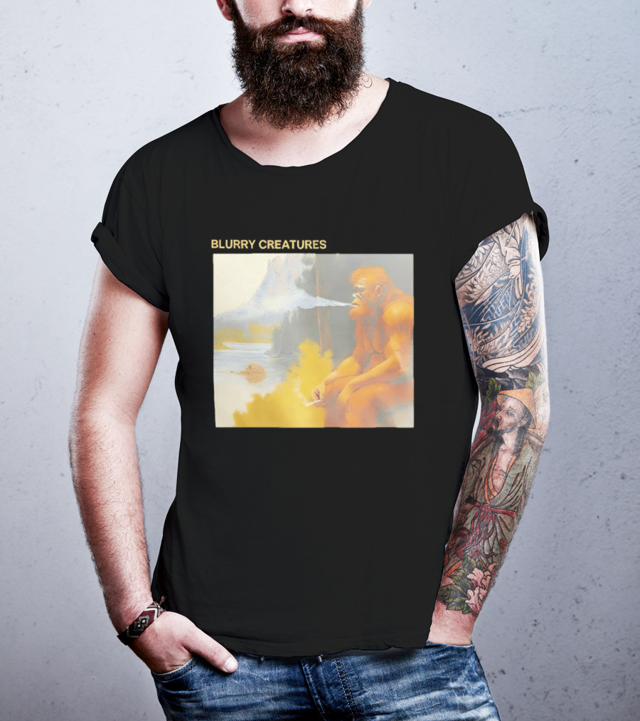 Bigfoot Blurry Creatures Smoking By Lake Mountain Scene T-Shirt