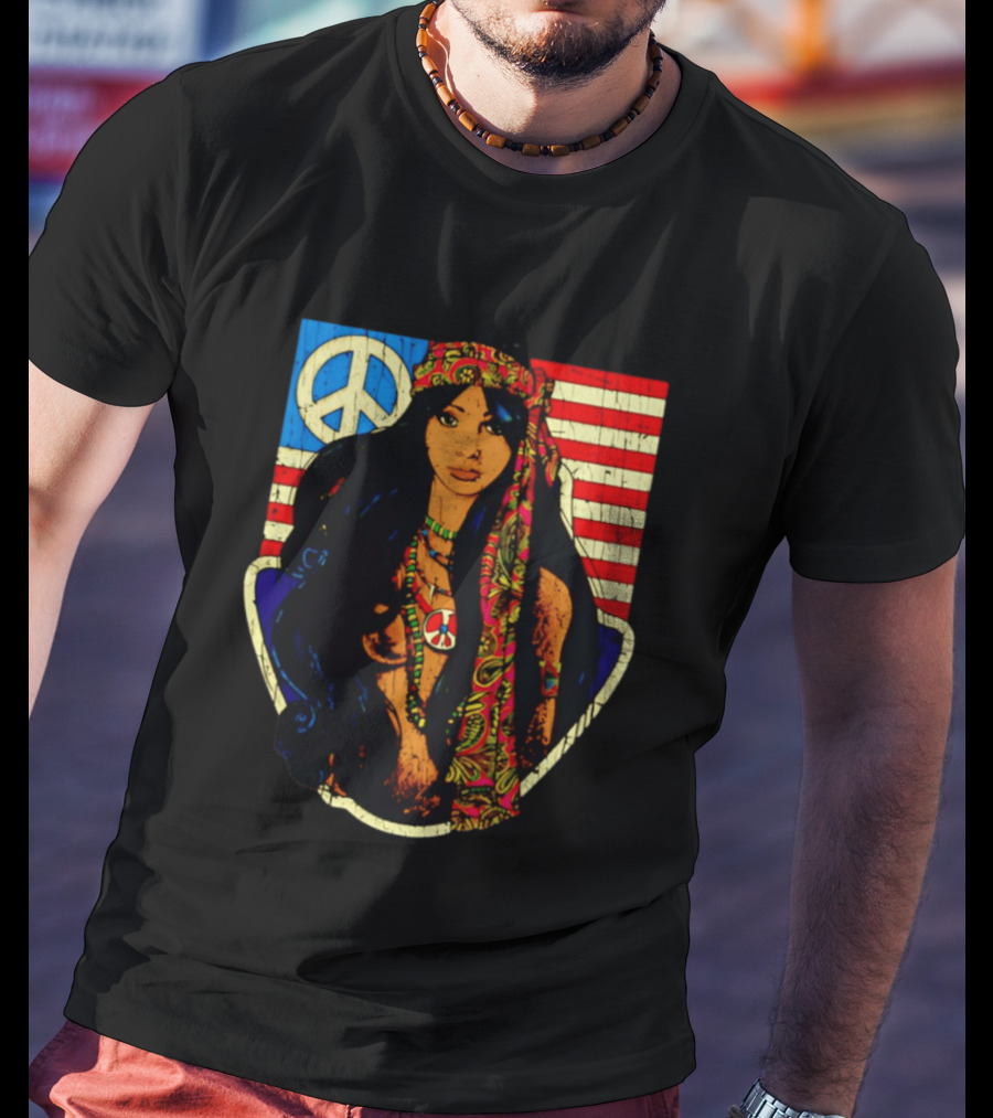 Peace Is Natural 1969 Bohemian Hippie Woman American Flag T-Shirt