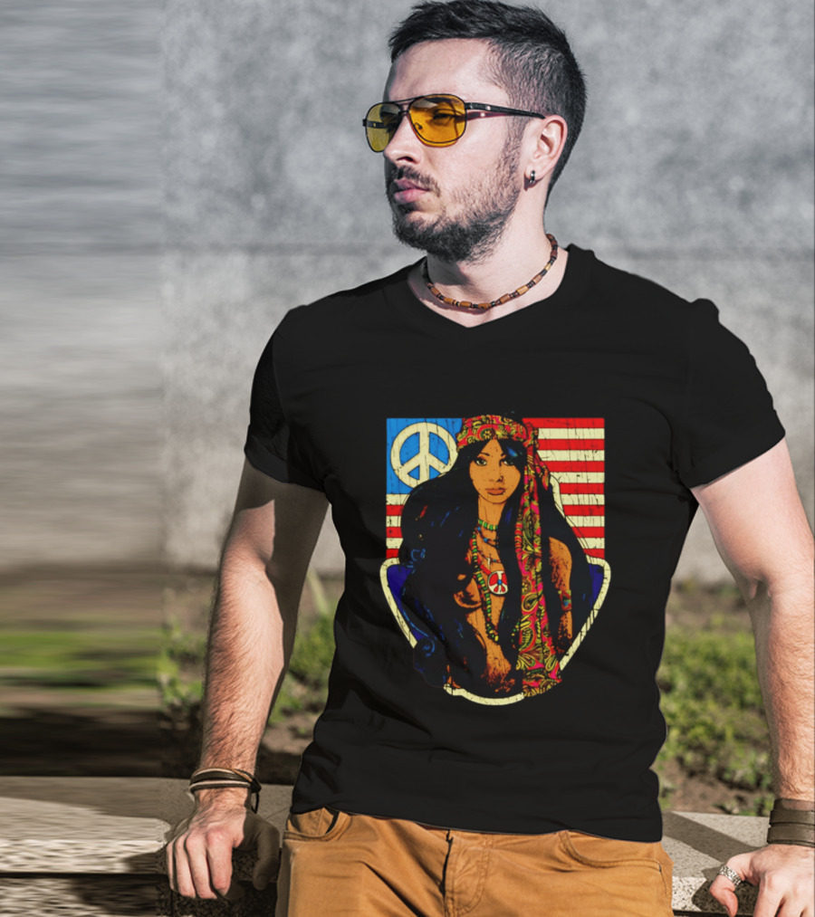 Peace Is Natural 1969 Bohemian Hippie Woman American Flag T-Shirt
