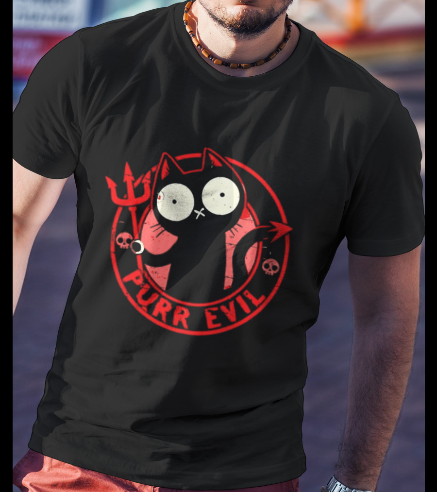 Purr Evil Cat With Trident And Skulls T-Shirt