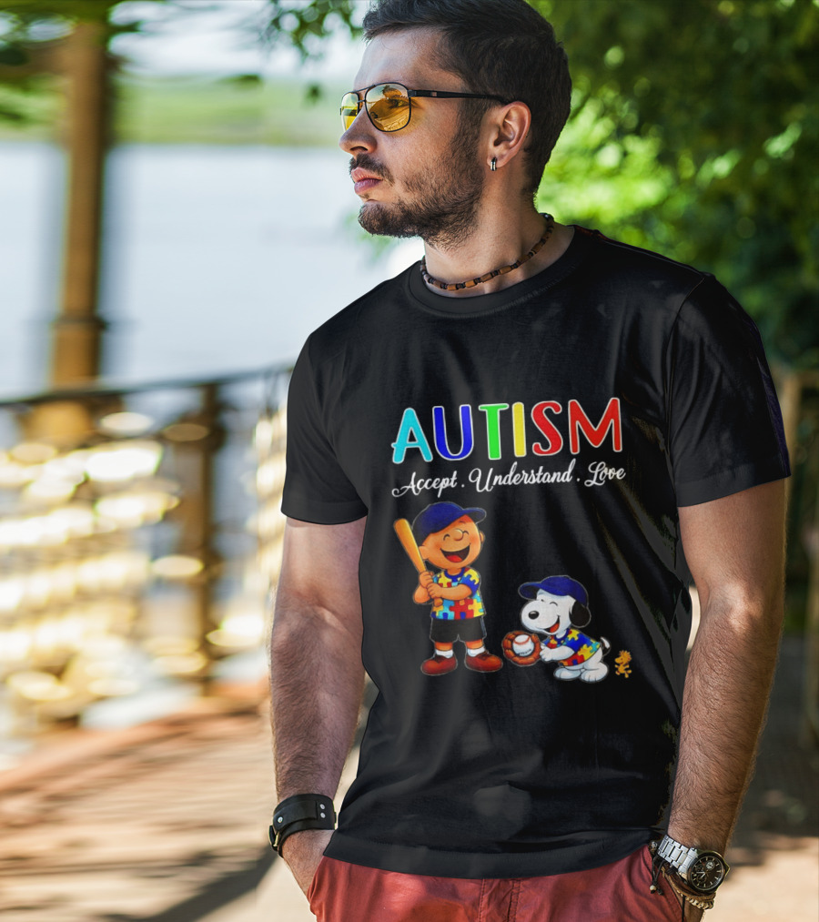Charlie Brown Snoopy Peanuts Autism Accept Understand Love Baseball Puzzle T-Shirt