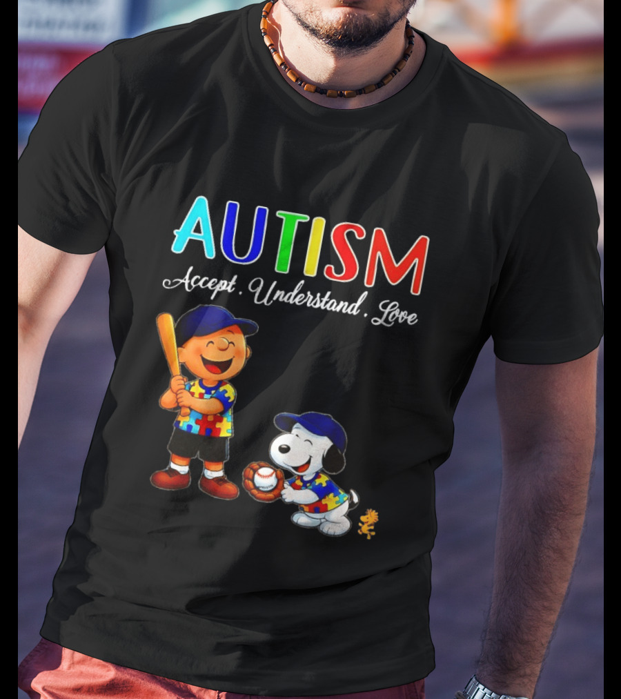 Charlie Brown Snoopy Peanuts Autism Accept Understand Love Baseball Puzzle T-Shirt