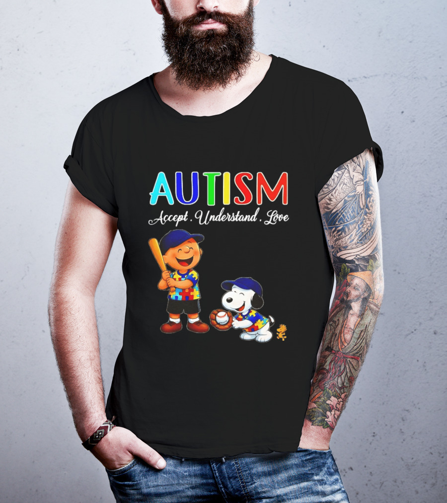 Charlie Brown Snoopy Peanuts Autism Accept Understand Love Baseball Puzzle T-Shirt