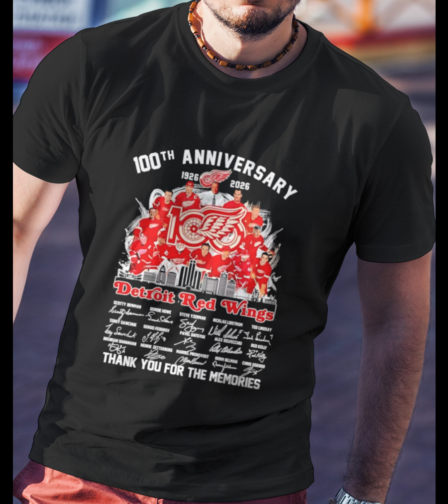 Detroit Red Wings 100th Anniversary 1926 2026 Thank You For The Memories Player Skyline T-Shirt