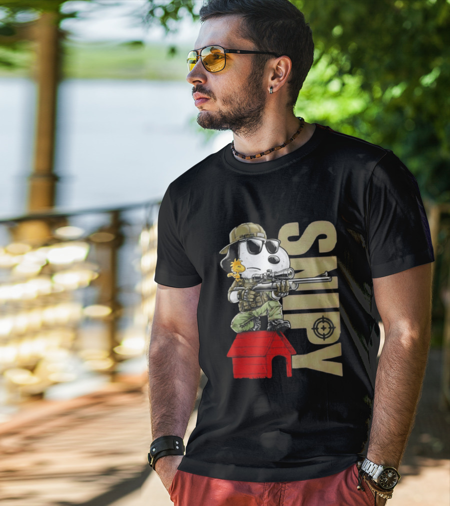 Snoopy Sniper Woodstock Camouflage Doghouse Target T-Shirt