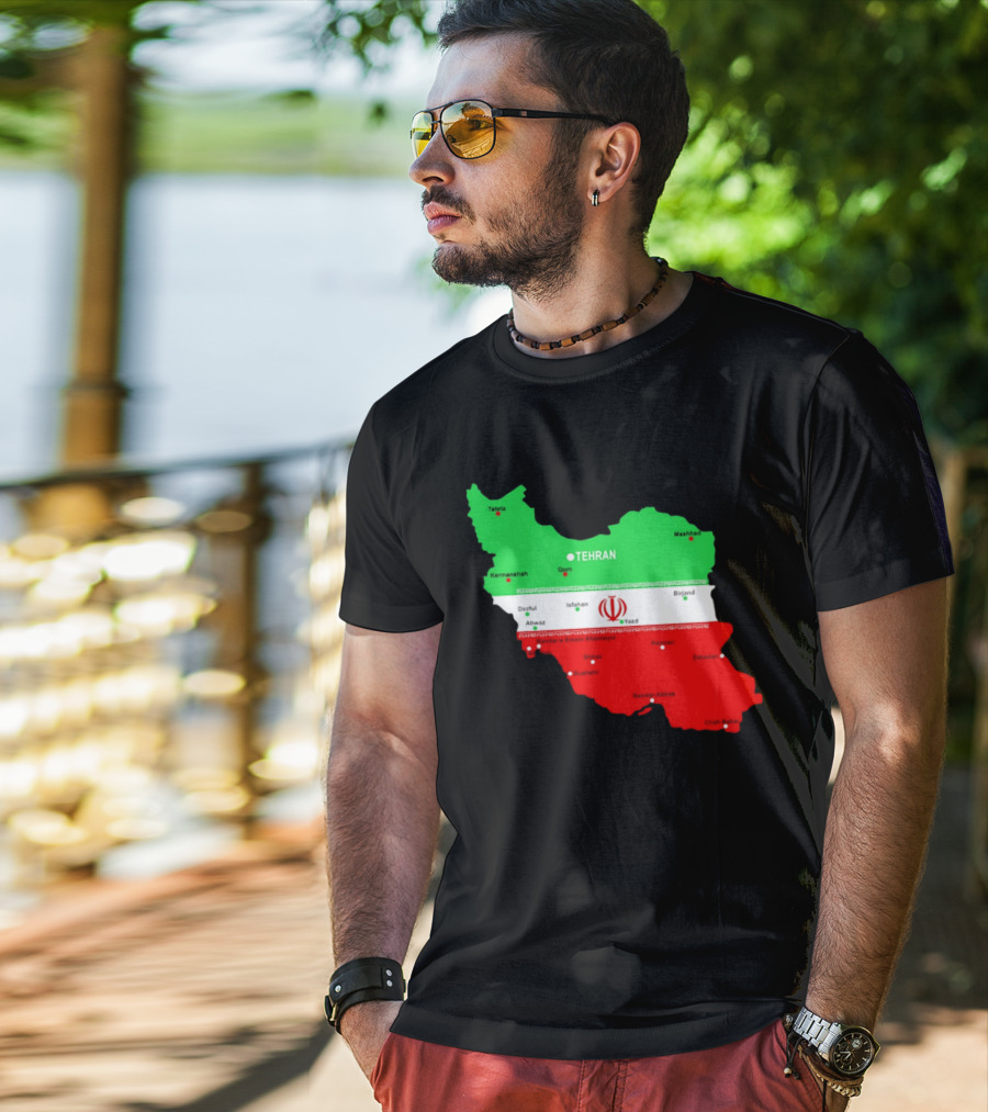 Iran Map With Flag Tehran Tabriz Mashhad Esfahan Shiraz Yazd Cities T-Shirt