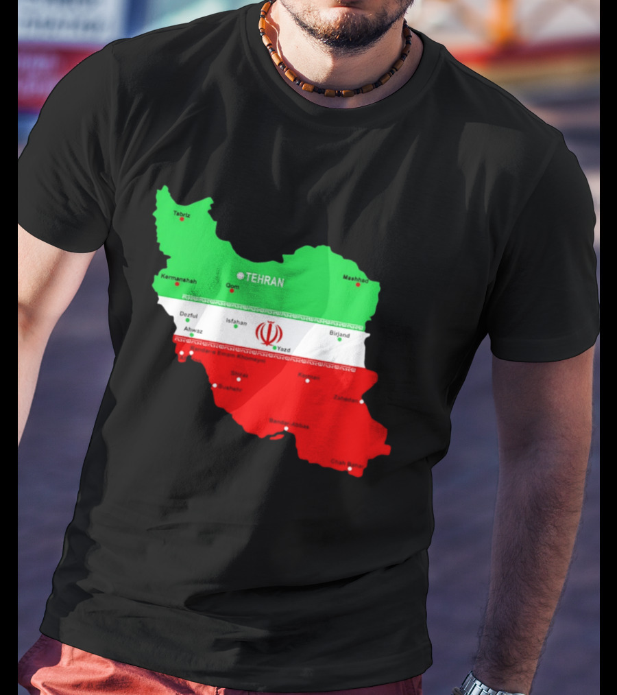 Iran Map With Flag Tehran Tabriz Mashhad Esfahan Shiraz Yazd Cities T-Shirt
