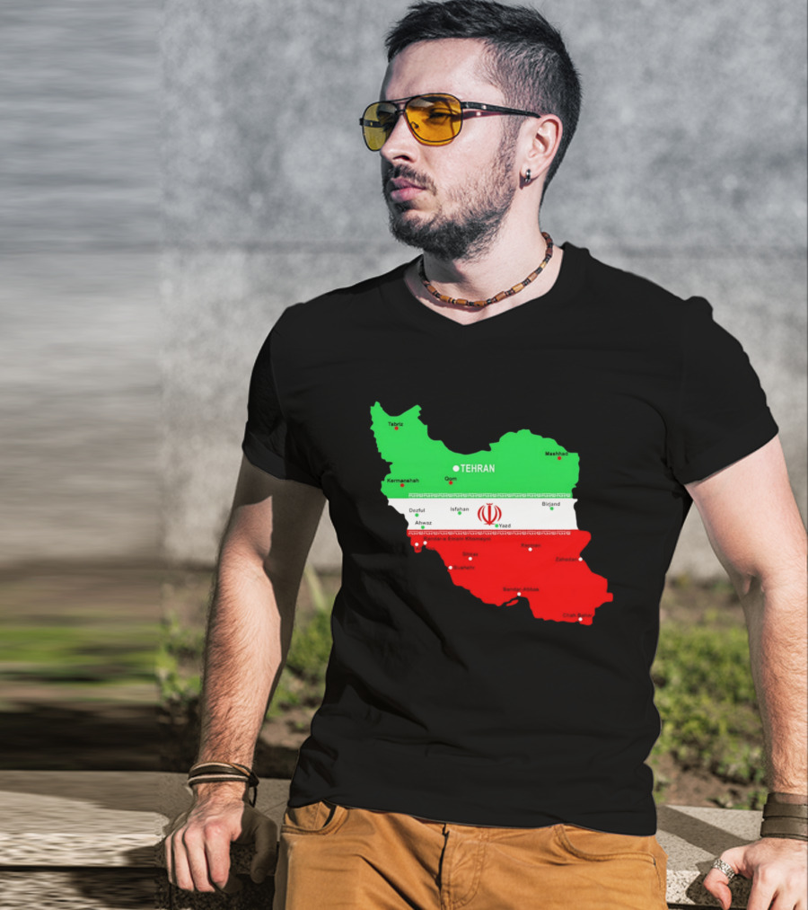 Iran Map With Flag Tehran Tabriz Mashhad Esfahan Shiraz Yazd Cities T-Shirt