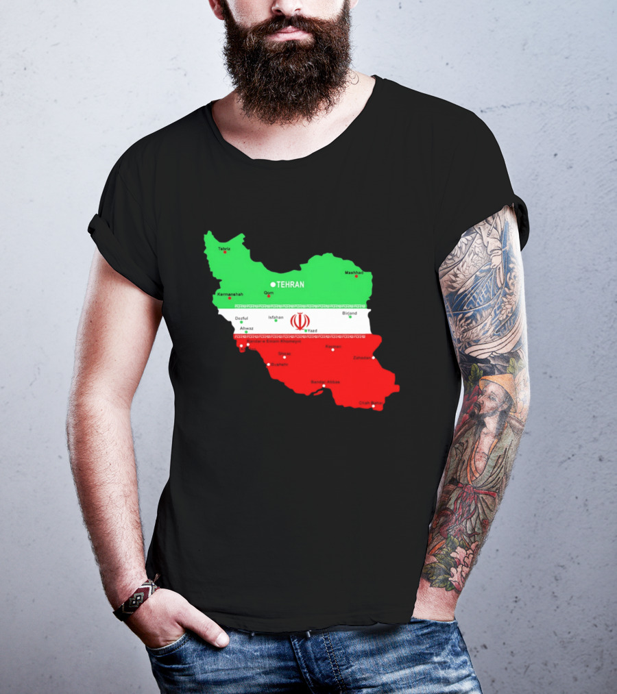 Iran Map With Flag Tehran Tabriz Mashhad Esfahan Shiraz Yazd Cities T-Shirt