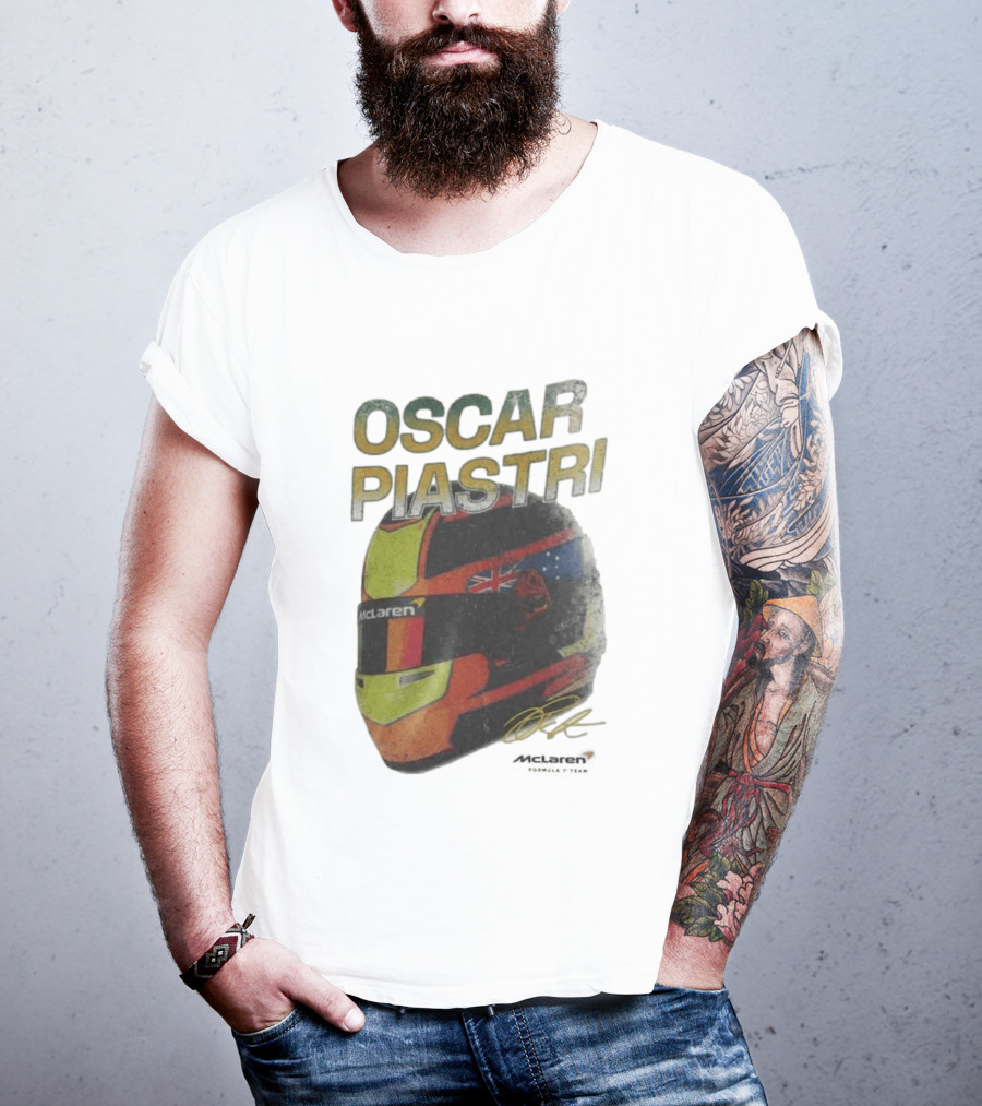Oscar Piastri McLaren Racing Helmet Flag Signature T-Shirt