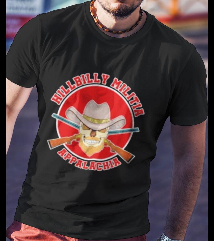 Hillbilly Militia Appalachia Skull Cowboy Hat Rifles Red Circle T-Shirt