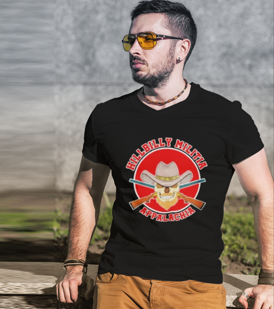 Hillbilly Militia Appalachia Skull Cowboy Hat Rifles Red Circle T-Shirt