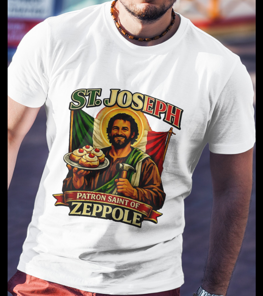 St. Joseph Patron Saint Of Zeppole With Italian Flag Icon And Halo Providing Hammer And Pastries T-Shirt