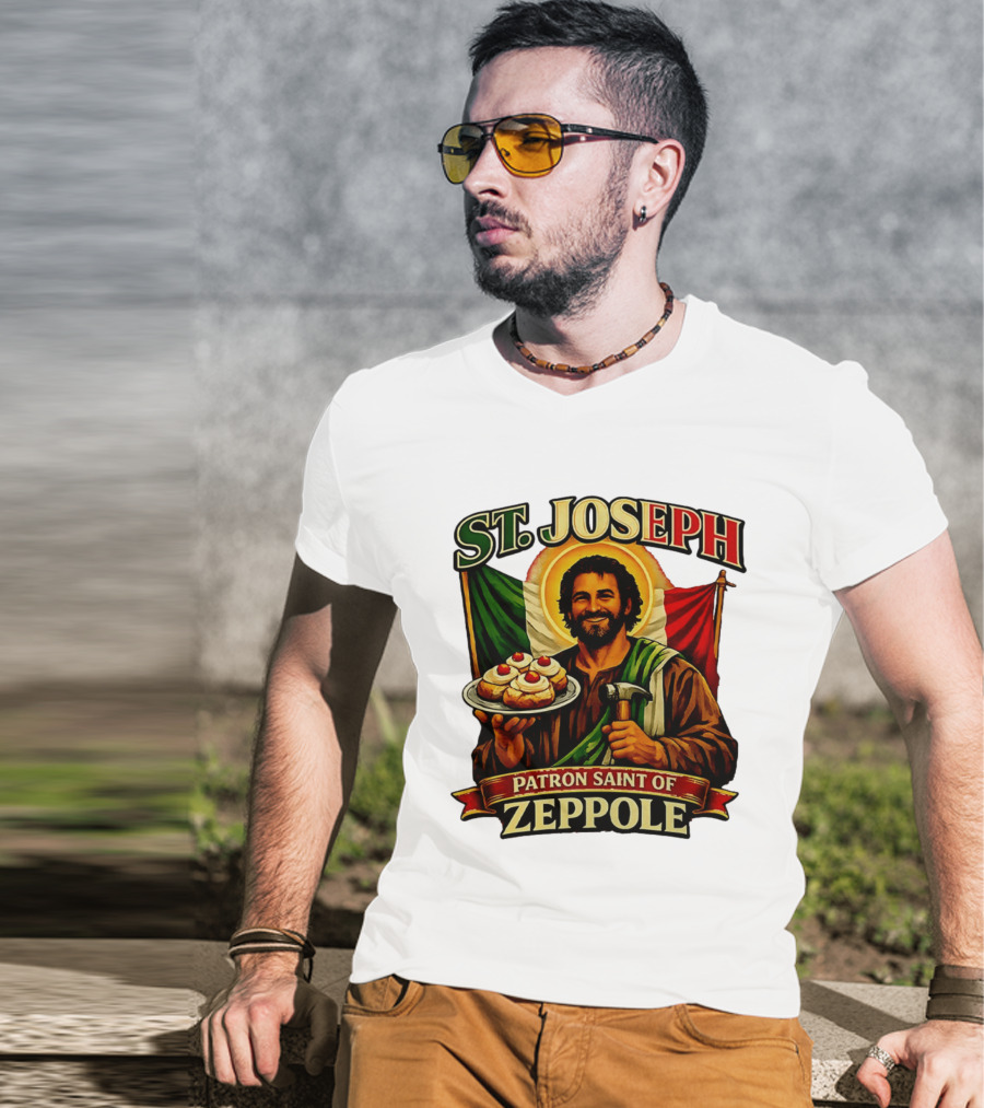 St. Joseph Patron Saint Of Zeppole With Italian Flag Icon And Halo Providing Hammer And Pastries T-Shirt