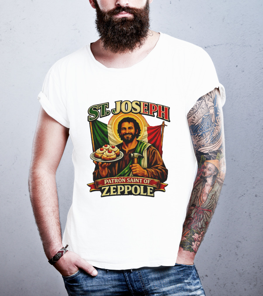 St. Joseph Patron Saint Of Zeppole With Italian Flag Icon And Halo Providing Hammer And Pastries T-Shirt