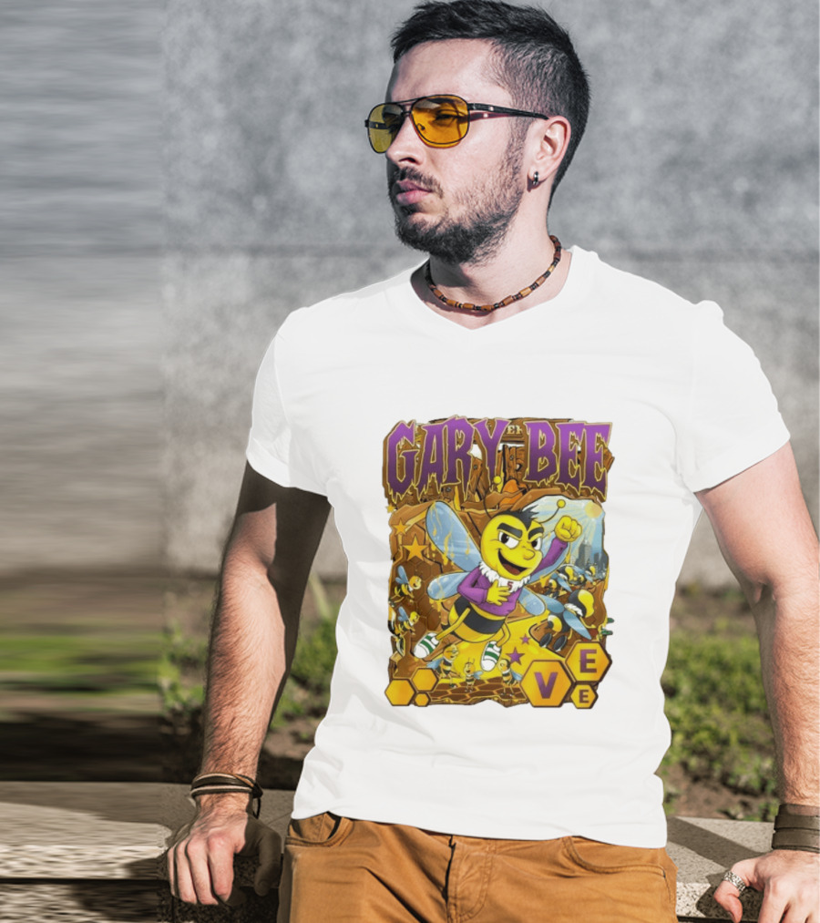 Gary Bee Cartoon Bee Character In Purple Jersey With Stars And Soccer T-Shirt