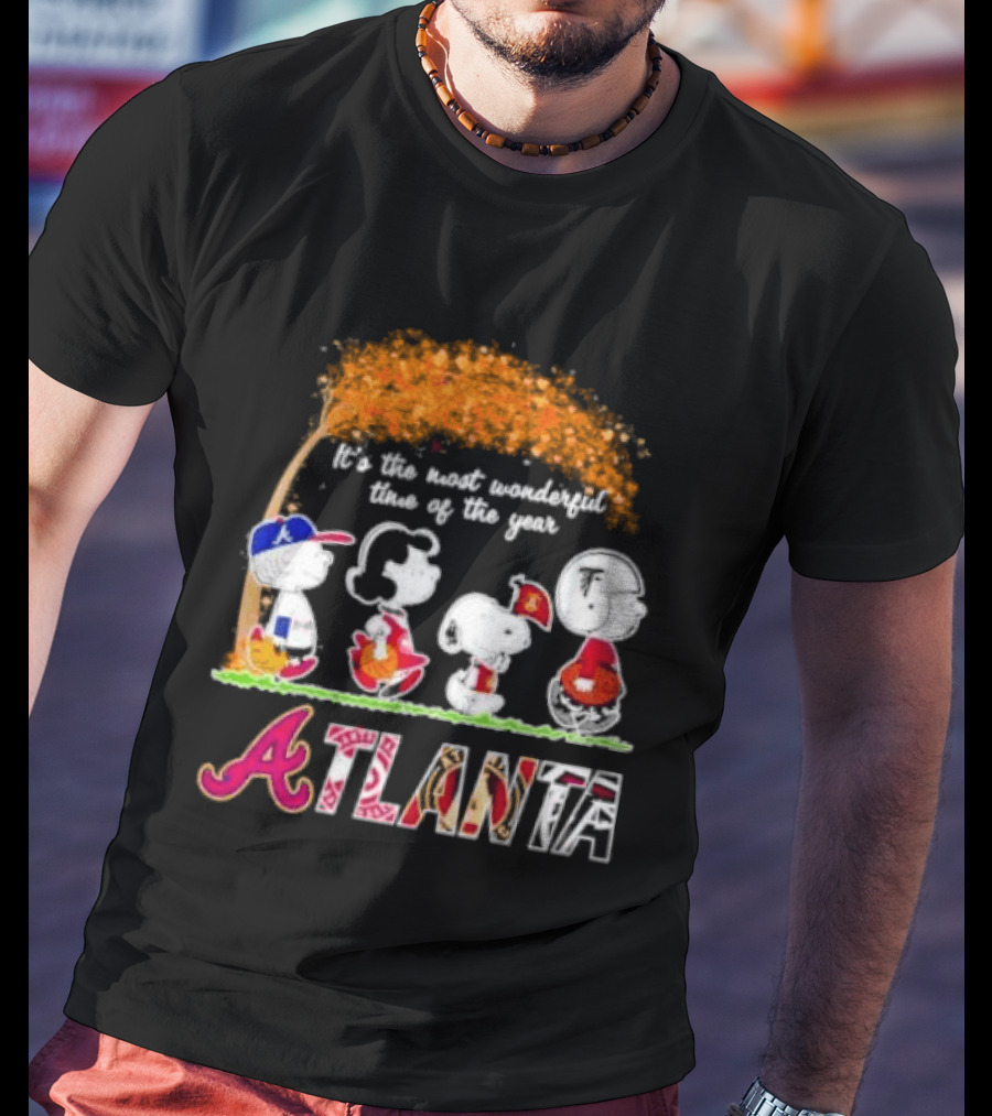 Atlanta Peanuts Characters Autumn Baseball It's The Most Wonderful Time Of The Year T-Shirt